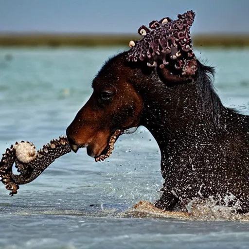 Image similar to National Geographic photo of horse full of octopus being eaten by African hunting dogs