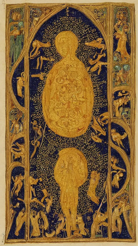 Image similar to scivias i. 3 : god, cosmos, and humanity is a medieval ink and gold leaf drawing created by hildegard von bingen in 1 1 6 5