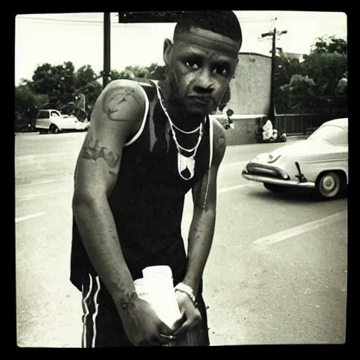 Prompt: “A eat in a gang member pose tooken by a 1950’s camera”