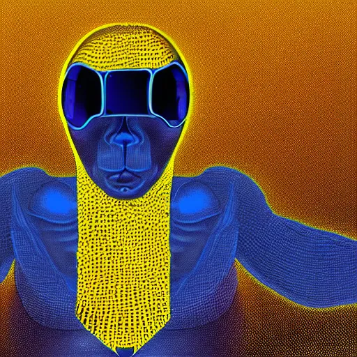 Image similar to human man that resembles a wasp morh in surreal sketch style, blue and yellow gradient, noise, ultrafine detail, hd 8k, logo illustration