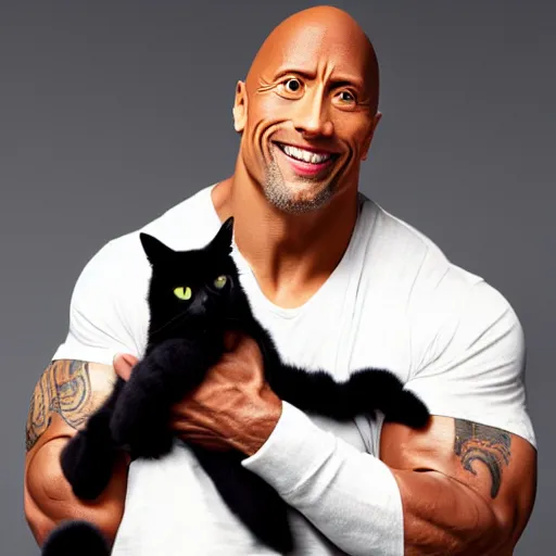 Prompt: dwayne johnson holding a black cat, studio lighting, promotional photograph