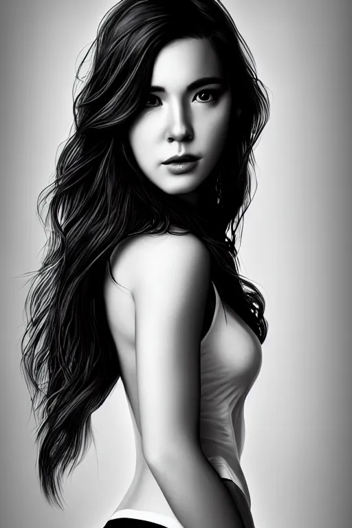 Image similar to full body portrait of a beautiful young woman in black and white, photorealistic, hair down to waist, sharp focus, in the style of Kevin Kostic, Stephen Lau and artgerm, hyper sharp focus, 8k highly detailed