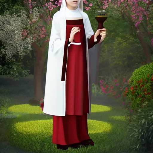 Image similar to young nun with light red long hair standing in a garden, 4k, detailed face, high details, 2D, art, behance