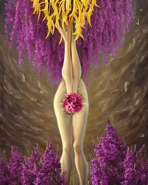 Image similar to Haunting horrifying detailed painting of a tall skinny extraterrestrial flower monster made of lilacs, roses, lilies and daffodils, telekinetic aura, magical powers, and bloodshot eyeballs, hyper detailed, trending on Artstation