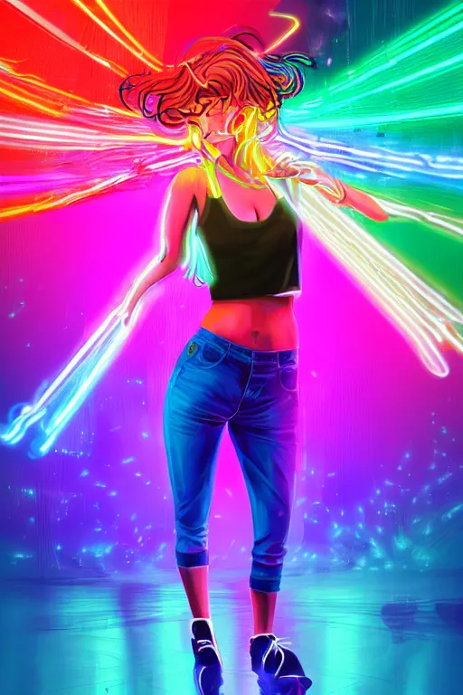 Image similar to a award winning half body portrait of a beautiful woman with stunning eyes in a croptop and cargo pants with rainbow colored ombre hairstyle head in motion and hair flying by thomas danthony, surrounded by whirling illuminated neon lines, outrun, vaporware, shaded flat illustration, digital art, trending on artstation, highly detailed, fine detail, intricate