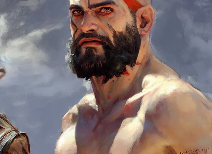 Image similar to a highly detailed beautiful portrait of gabriel boric as kratos, by gregory manchess, james gurney, james jean