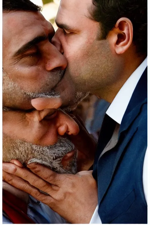 Image similar to narendra modi kissing rahul gandhi, closeup, india, detailed, photography alexey kurylev, cinematic