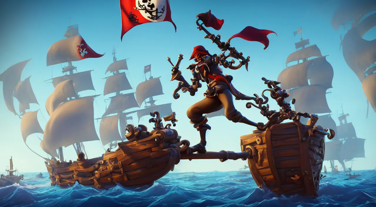 Prompt: a wide shot of a stylized 3D CGI fortnite pirate standing on the front of the ghost ship with the black Jolly Roger flag, the ghost ship is in the middle of the ocean, fantasy art overwatch and heartstone, by RHADS, cgsociety, artstation hq, octane render, 8k,