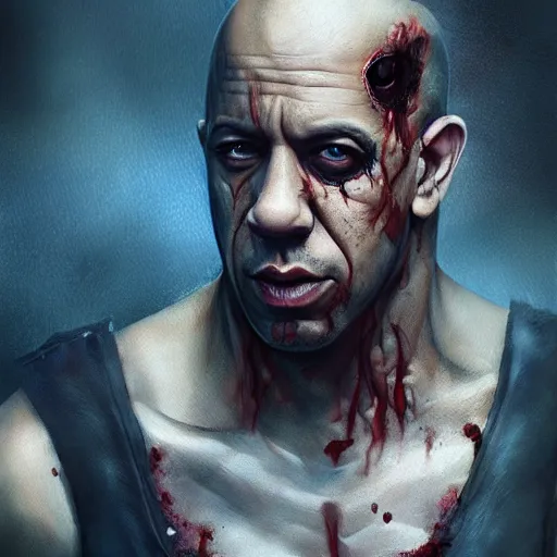 Image similar to a zombie Vin Diesel, by WLOP, horror, wounds, bloody, dark fantasy, trending on artstation