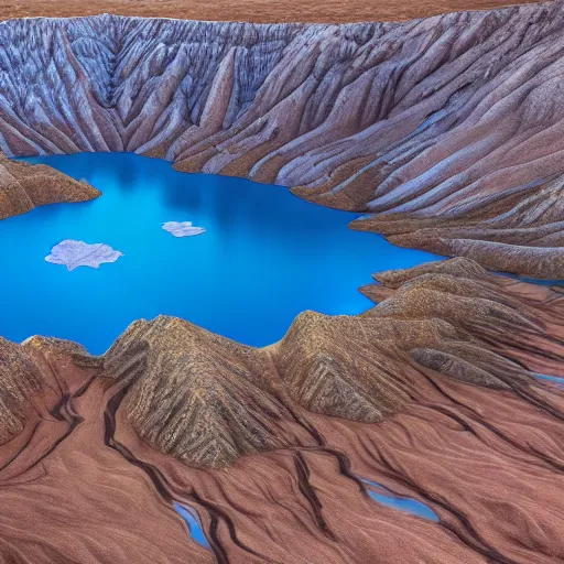 Image similar to a highly detailed landscape painting of large island in the center of a meteor crater lake with a futuristic fantasy city with a river running through it, aerial photography, ultrawide lens, art by john collier and jeon seong and albert bierstadt, volumetric lighting, octane render, 4 k resolution, trending on artstation, masterpiece