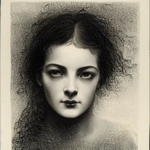 Prompt: extreme close-up, black and white, eyes of a young french woman, marie laforet as model, Gustave Dore lithography