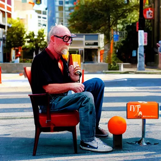 Image similar to hugh hopper on a street corner eating an orange and sipping pepsi