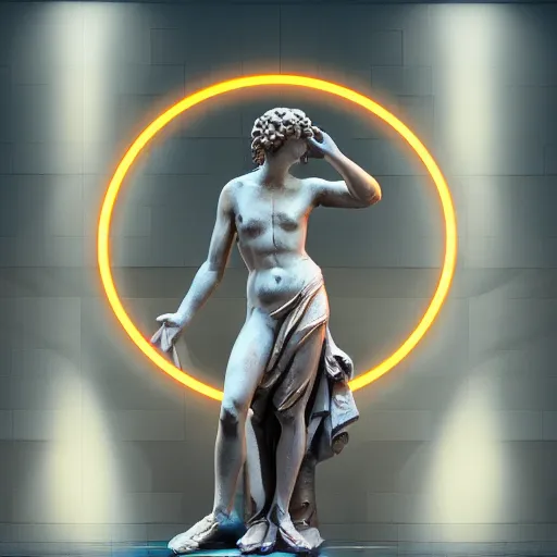 Prompt: a renaissance statue surrounded by a 3 d neon circle, black background, ray tracing, 8 k resolution, sharp focus, hyper detailed