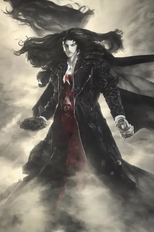 Prompt: a regal studio portrait of alucard set against a black background by ayami kojima, detailed, photorealistic, volumetric lighting, studio lighting, cgi