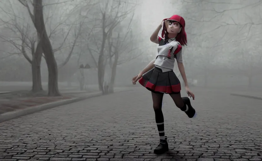 Image similar to school girl in action pose, gloomy and foggy atmosphere, octane render, cgsociety, artstation trending, horror scene, highly detailded