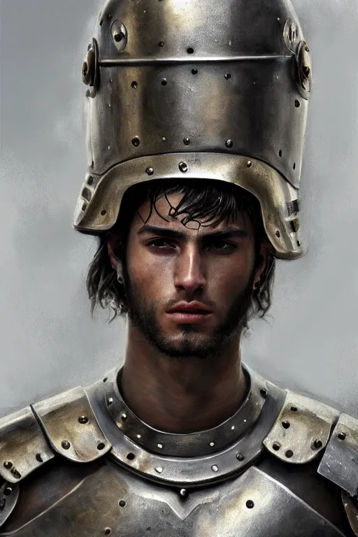 Prompt: a photorealistically painted portrait of a rugged young man, partially clothed in metal-plated battle armor, with an abstractly painted background, flawless olive skin, fair complexion, long dark hair, beautiful bone structure, perfectly symmetric facial features, perfect photorealistic eyes, natural physique, intricate, elegant, digital painting, concept art, finely detailed, beautifully illustrated, sharp focus, minimal artifacts, volumetric lighting, from DOOM and Halo, by Ruan Jia and Mandy Jurgens and Artgerm and William-Adolphe Bouguerea, in the style of Greg Rutkowski, trending on Artstation, award winning art