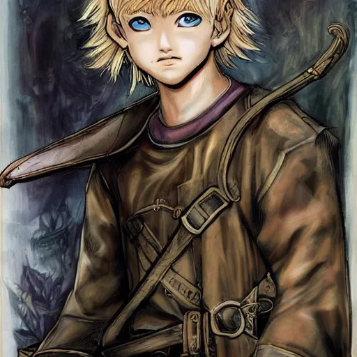 Image similar to an epic fantasy comic book style portrait painting of a young blonde boy thief in the style of yoshitaka amano