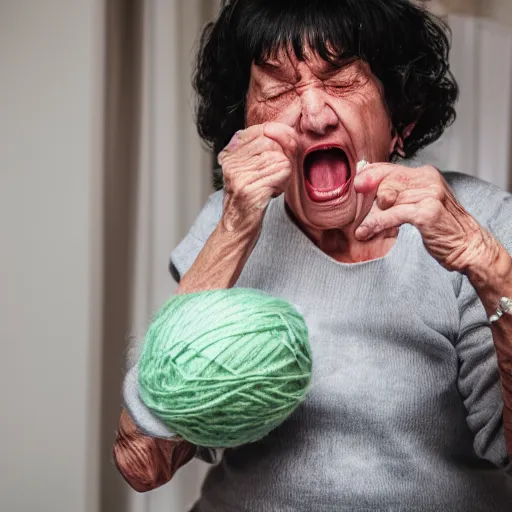 Image similar to elderly woman screaming at a ball of yarn, canon eos r 3, f / 1. 4, iso 2 0 0, 1 / 1 6 0 s, 8 k, raw, unedited, symmetrical balance, wide angle