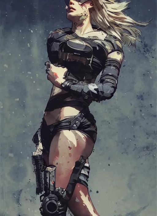 Image similar to Margot Robbie wearing metal gear armor holding gun dramatic lighting art by Richard Schmid by Hokusai by Yoji Shinkawa by greg rutkowski by Sandra Chevrier by Jeremy Lipking cinematic dramatic