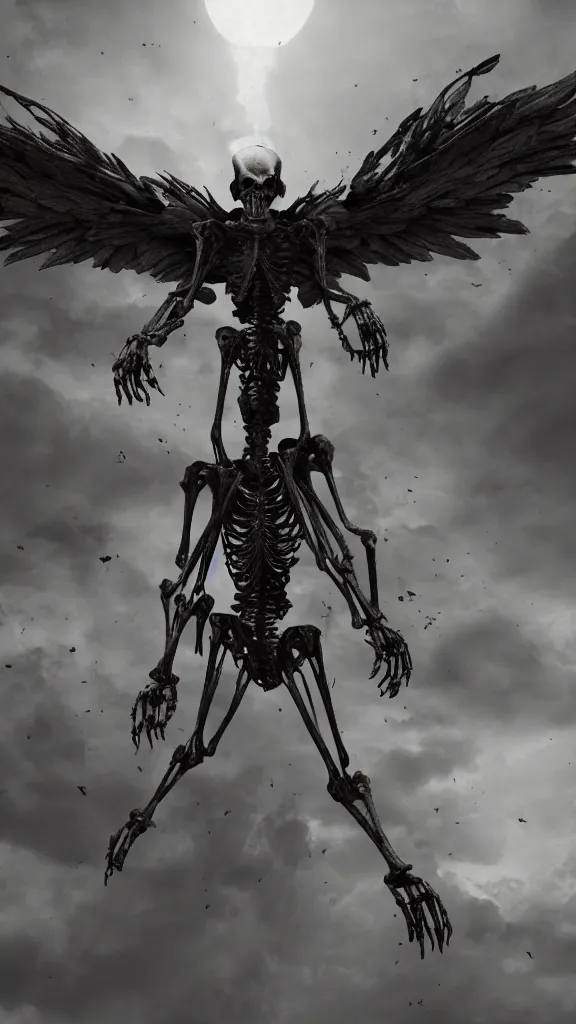 Prompt: the winged skeleton of a demonic deity hovering stiltedly over a corrupted landscape, volumetric lighting, unreal engine 5, harrowing apocalyptic atmosphere, photorealistic, unnerving, hyperdetailed 3d matte painting, hyperrealism, hyperrealistic, cinematic masterpiece, fantasy horror style 8k ultrahd octane render