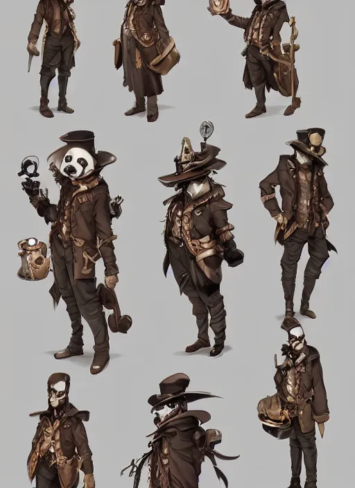 Image similar to a steampunk panda, character concept, character reference sheet. By Makoto Shinkai, Stanley Artgerm Lau, WLOP, Rossdraws, James Jean, Andrei Riabovitchev, Marc Simonetti, krenz cushart, Sakimichan, trending on ArtStation, digital art.