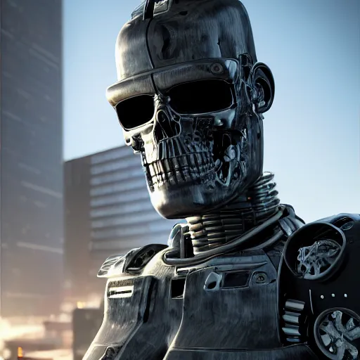 Prompt: highly detailed portrait of a terminator with borg enhancements, 8k. There is a dystopian city in the background. Rendered with unreal 5 engine with ray tracing and tessellation