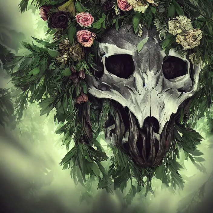 Image similar to overgrown foliage on a realistic wolf skull, close - up, beautiful, lens flare, emotional, sweet, flowers, detailed, picture, artstation, award - winning