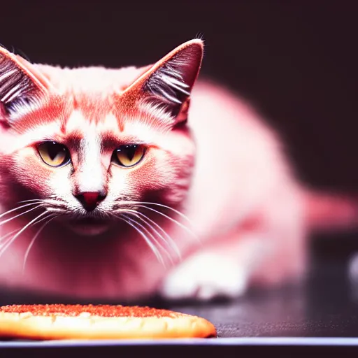 Image similar to photo of a cat with pink fur, eating a hamburger