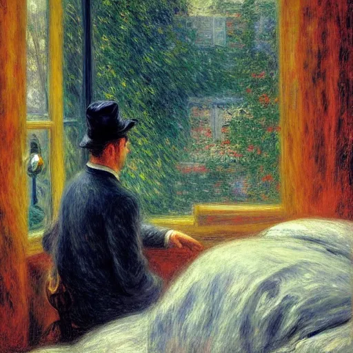 Image similar to on a rainy day, someone in home sits in bed, curled up under the covers, watching the rain outside the window, cinematic, artstation, extremely detailed, intricate, cinematic lighting, art by pierre - auguste renoir, gustave caillebotte