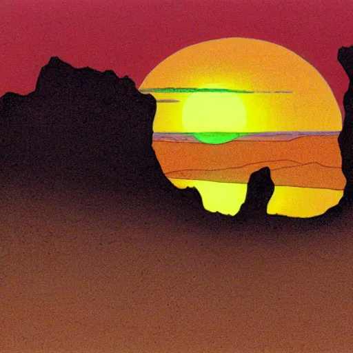 Image similar to sunset in a desert landscape, drawing by moebius