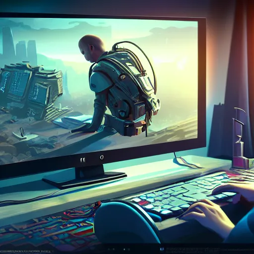 Image similar to realistic rich man using laptop in gaming room, artstation trends, sci fi concept art, highly detailed, intricate, sharp focus, digital art, 8 k