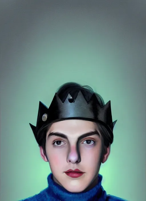 Image similar to portrait of teenage jughead jones wearing a light grey crown, crown, blue turtleneck, 1 9 5 0 s, closed eyes, photorealistic, black hair, glowing lighting, intricate, elegant, glowing lights, highly detailed, digital painting, artstation, concept art, smooth, sharp focus, illustration, art by wlop, mars ravelo and greg rutkowski