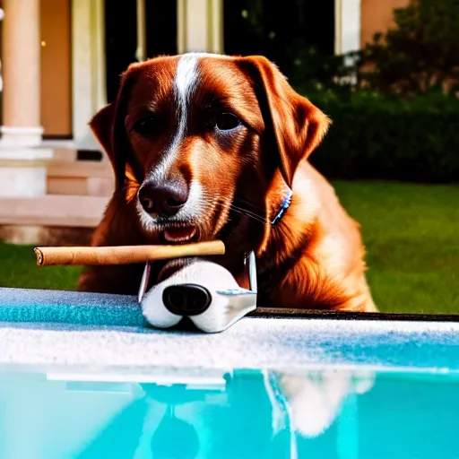 Image similar to a very detailed photo of a dog smoking a cigar outside the mansion by the pool