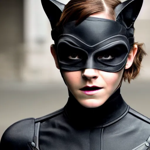 Prompt: Emma Watson as Catwoman, Sony A7R III, 1/2000sec at f/5.6, ISO 1600, 90mm, 8K, RAW, symmetrical balance, Dolby Vision, Aperture Priority