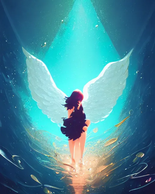 Prompt: shattered glass stylized angel portrait, cracked obsidian geometric fantasy art, splattering black gold iridescent bubbly underwater scenery, greg rutkowski, loish, rhads, makoto shinkai, lois van baarle, ilya kuvshinov