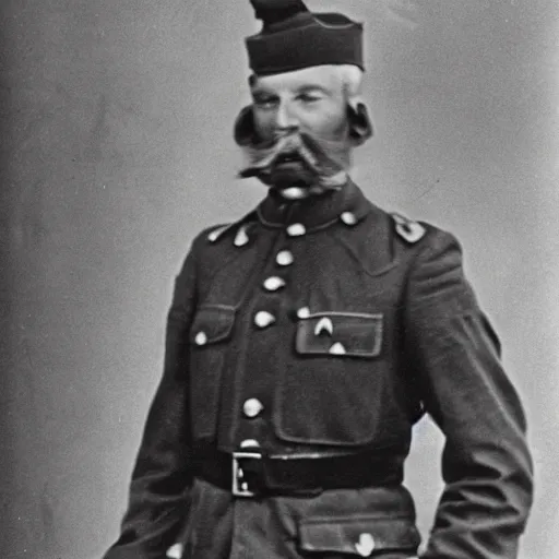 Image similar to a black and white old photo of a soldier with long blonde hair and long blonde moustache