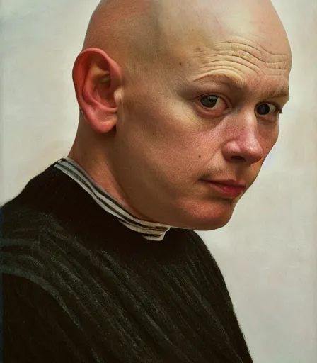 Prompt: a high quality, high detail, portrait photography of an attractive non - binary bald person by andrew wyeth