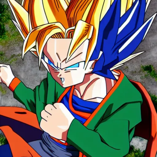 Image similar to fusion of goten and trunks, anime, 4 k, detailed, full body