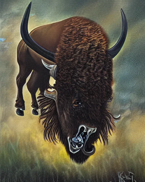 Prompt: a surreal painting of an attacking American Bison, in the style of H.R. Giger and Felexix Kelly, digital art