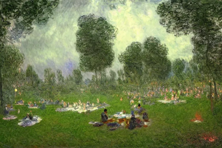 Prompt: a detailed illustration of a god ruining a picnic in the park, nightmare in the park, calamity, dark storms with lightning, ultrawide lens, aerial photography, natural disaster, 8 k, art by claude monet and andreas rocha and albert bierstadt