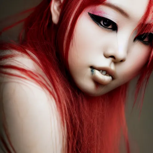 Prompt: professional photograph of female japanese model in emo makeup, long hair, fringe. bright lighting, depth of field, iso 3 0 0
