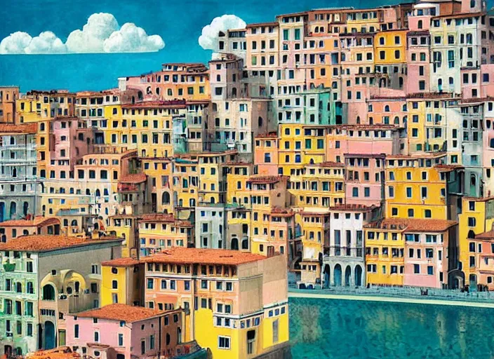 Image similar to symmetry!! italian city, a beautiful painting representative of the art style of wes anderson and spike jonze