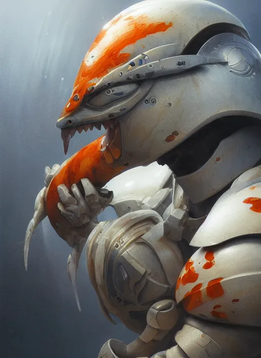 Image similar to subsurface scattering, white, koi, soldier with spartan helmet, by jesper ejsing, justin gerard, tomasz alen kopera, cgsociety and fenghua zhong, highly detailed, rim light, cinematic lighting, illustration, art, octane render, very coherent, cinematic, hyper realism, high detail, octane render, 8 k