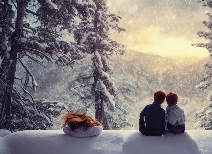 Image similar to a boy and a girl with long flowing auburn hair sitting together on the porch of a cabin on a mountain overlooking a snowy landscape. Atmospheric lighting, long shot, romantic, boy and girl are the focus, cold lighting, snowy. Anime. By Makoto Shinkai, Stanley Artgerm Lau, WLOP, Rossdraws, James Jean, Andrei Riabovitchev, Marc Simonetti, krenz cushart, Sakimichan, D&D trending on ArtStation, digital art.