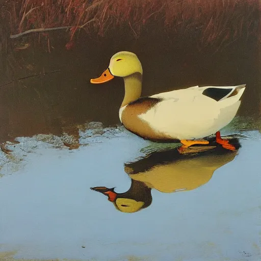 Prompt: a duck on the prowl oil painting jamie wyeth