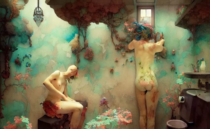 Image similar to bathroom, fantasy. intricate, amazing composition, colorful watercolor, by ruan jia, by maxfield parrish, by marc simonetti, by hikari shimoda, by robert hubert, by zhang kechun, illustration, gloomy