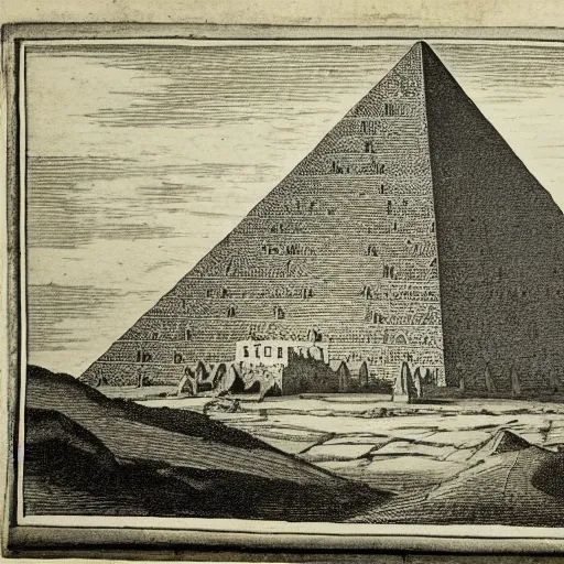 Prompt: A 1780s etching of a barren landscape dominated by an unfinished pyramid of 13 steps, topped by the Eye of Providence within a triangle. Roman numerals are engraved at the base of the pyramid.