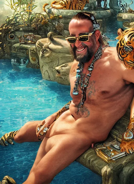 Prompt: muscular Atlantean king Aiden Gallagher grinning and wearing cholo sunglasses and a heavy bejeweled gold crown reclining poolside with a beautiful tiger, steelpunk, ghibli studio, nekro, Tom Bagshaw, Craig Mullins, octane 8k, by brian froud, Trending on ArtStation