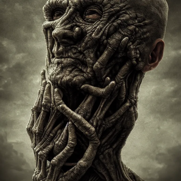 Image similar to ribbed man face portrait, baroque painting, standing in a desolate empty wasteland, creepy, nightmare, dream-like heavy atmosphere, surreal abandoned buildings, beautiful detailed intricate insanely detailed octane render trending on Artstation, 8K artistic photography, photorealistic, chiaroscuro, Raphael, Caravaggio, Beksinski, Giger