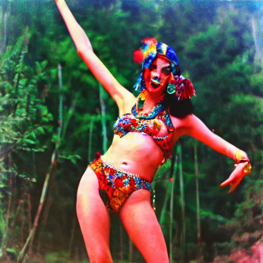Image similar to expired fuji film photograph portrait of retro psychedelic hippy bikini queen dancing in arambol at shiva valley from 1 9 8 0, hyperrealism, photorealism, imax quality, 8 k